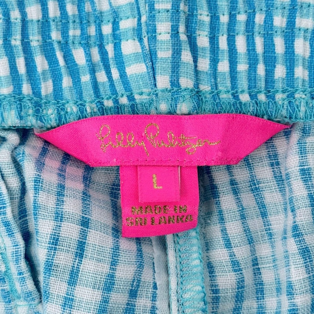 Lilly Pulitzer Linen Shorts Womens L Blue Gingham 010404 Elastic Waist - Picture 3 of 11